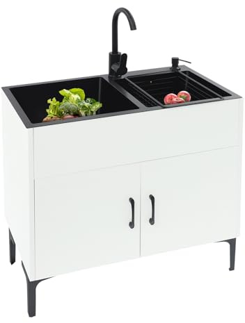 Poyujkyhr Fregadero de acero inoxidable con armario inferior, 75 x 41 x 78 cm, independiente, doble, fregadero de cocina con grifo giratorio, escurridor y dispensador de jabón, 30 kg de capacidad de