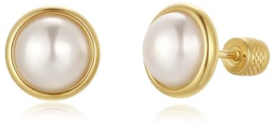 TIZU Pendientes de Perlas de Oro 14K para Mujer con Cierre de Rosca Perlas de Agua Dulce Cultivadas(10mm)