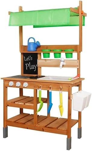 Wooden Kids Outdoor Play Toy Mud Kitchen with Adjustable Canopy, Faucet, Sink, Blackboard, Stoves, Cooking Accessories and Storage, Wooden Kids Kitchen for Boys Girls 3+