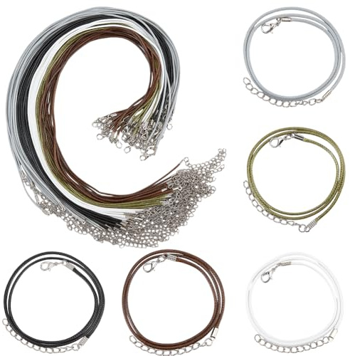 CALFOVERA 50 Collar de Cuerda de Cuero Sintético de 1.5mm, 5 Colores, Redondo, Trenzado, Fino, de 46cm, con Cierres Plateados, Extensor de Acero Inoxidable para Hombres Y Mujeres, Joyería DIY.