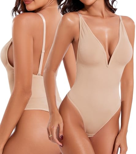 JUVELTPI Shapewear Bodysuit Deep V Backless Tummy Control with Removable Adjustable Straps for Women Seamless Design Body Shape Top