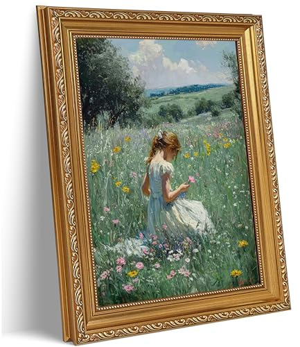 Vintage Gold Framed 3D Girl Wildflower Meadow Wall Art Impressionist Oil Painting Wall Decor Pastoral Nature Poster Print Artwork for Livingroom Art Gallery Office Bedroom Study Home Decoration