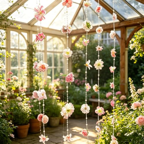 3-Pack Pink Spring Garland with Pearls, 29.5ft Artificial Hanging Flowers, Mixed Faux Floral Garland for Flower Wall, Spring Home Decor, Wedding Arch, Party Backdrop, Mantle, Artificial Flowers