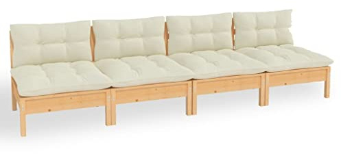 Qnhdfrt 4-Sitzer Gartensofa Kiefer Massivholz 63,5 x 63,5 x 62,5 cm Creme Kissen Modular Loungesofa Balkon Terrasse Kleiner Balkon für Outdoor Lounge und Gartenmöbel Set