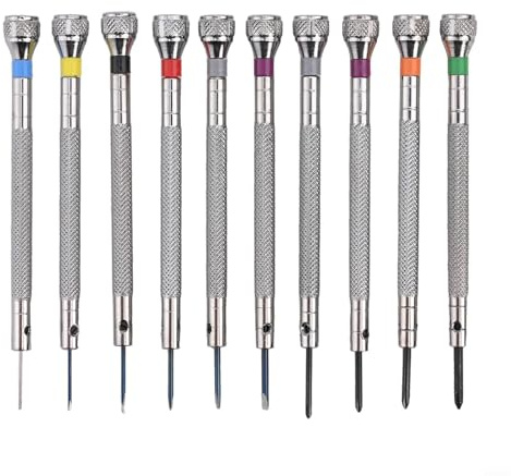 Kit d'outils d'horloger compact comprenant 6 tournevis plats et 4 tournevis cruciformes de tailles 0,6 mm, 0,8 mm, 1,0 mm, 1,2 mm, 1,4 mm, 1,6 mm, 0,4 mm, 0,6 mm, 0,8 mm et 2 mm