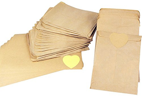 100Stück 9 * 13cm Kleine Mini Papiertüten Papierbeutel Kraftpapier Papiertüten Papierbeutel Kraftpapierbeutel Süßigkeitstasche Samentüten+120Stück Herzförmiger Kraftpapier-Aufkleber