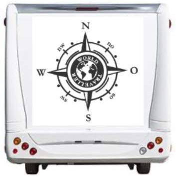 generisch Autocollant boussole avec inscription pour camping-car, caravane, voiture - Rose des vents - World Traveller - Silhouette (205/1) (noir mat, 50 x 50 cm)