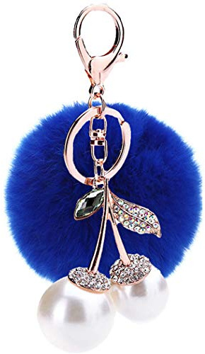 Schlüsselanhänger glänzendem Taschenanhänger Keychain Süß Perle Kirsche Strass Glücksbringer Geschenk Elegant Auto-Anhänger Weich Handtaschenanhänger Dekor Plüschball Schlüsselring (Blau)