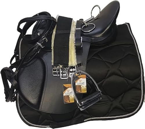 Lussoro Leather English Riding Horse Black Saddle Starter Kit for Horse Riding Gift Set
