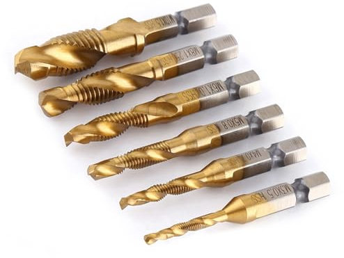 Gewindebohrer, 6-teilig, HSS-Bohrer mit Sechskantschaft, Gewindebohrer, Bohrer und Gewindebohrer HSS mit Titan beschichtet M3 bis M10 zum Bohren von Gewindebohrern Fräsen