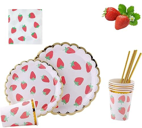 MaitianGuyou Strawberry Theme Party Tableware Set,Disposable Dinnerware Decoration Supplies Including Dinner Plates,Napkins and Cups for Fruit Party,Wedding Baby Shower-Serve 20 Guests（Strawberry）