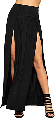 STAR FASHION Women Ladies Double Split Maxi Long Skirt Plain Basic Two Side Slit High Waisted Stretchy Long Summer Party Wea Skirts UK Size 8-10 Black