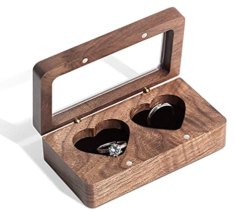 Wislist Double Ring Box for Wedding Ceremony, Walnut Wooden Heart-shaped Ring case for Wedding and Engagement (Walnut)