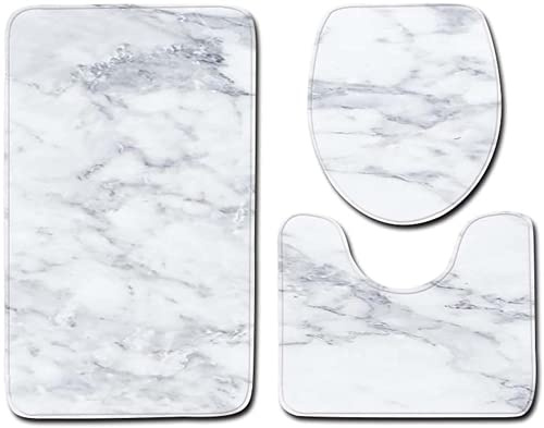 Marble Texture Bath Rug Set 3 Piece Non Slip Bathroom Mats, Toilet Lid Cover, U Shaped Contour Rug Carpet Soft Bathroom Accessories, Type 01 Professional Process
