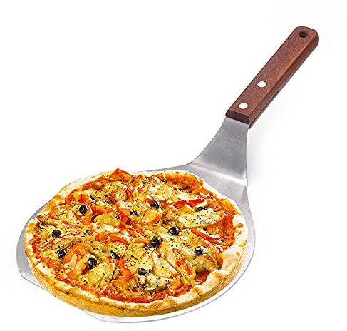 harupink Pelle à pizza ronde en acier inoxydable - En métal - Avec poignée en bois - Pelle à gâteau - Pour la cuisson de pizzas maison et de pain ou de fromage