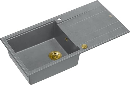 QUADRON Evier Gris + Doré Pvd | Taille 100 x 50 x 21 cm | Granit Evier en granit EVAN 146 XL Evier simple de cuisine | avec siphon manuel et égouttoir | 1 bassin Evier encastré