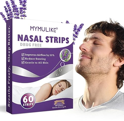 MYMYLIKE Nasenpflaster Besser Atmen 60 Stück, Nasenpflaster Schnarchen Lavendelgeschmack für Besseren Schlaf, Anti Schnarch Nasenpflaster für Sport, Nasenstrips Entlasten Verstopfte Nase (66 x 19mm)