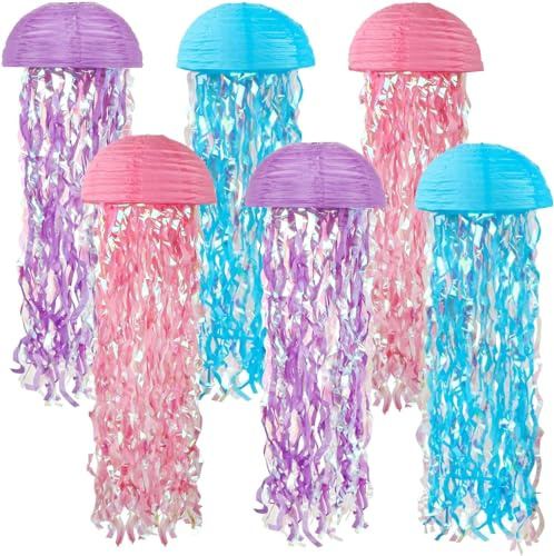 Quallen-Papierlaternen, hängende Quallen, Papierlaternen, 6 Packungen, rosa, lila, blau, hängende Laterne für Meerjungfrauen-Themenparty unter dem Meer, Ozean, Geburtstagsdekorationen, Babyparty,