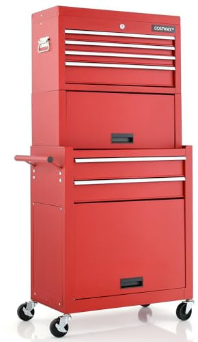 GYMAX Carrello Portautensili da Officina, Design 2 in 1 con Rotelle, Carrello con 6 Cassetti, Porte Scorrevoli e Serratura di Sicurezza, 61,5 x 33 x 132 cm (rosso)