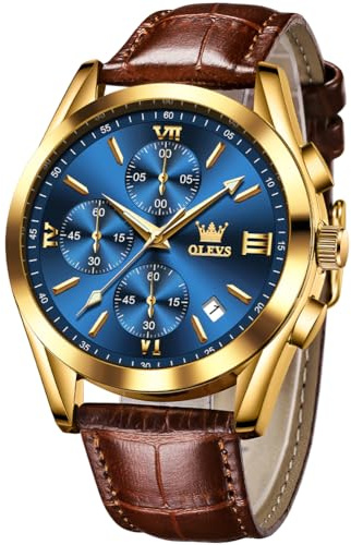 OLEVS Watch for Men Chronograph Analog Luxury Men Watch Brown Leather Large Dial Date Dress Luminous Waterproof Men Wrist Watch
