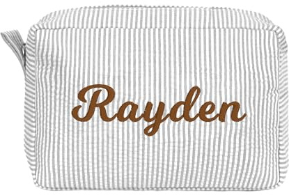 MT WORLD Personalized Makeup Bag Cute Cotton Cosmetic Bag for Women Seersucker Bridesmaid Travel Makeup Bag for Girls Aesthetic Toiletry Bag Organizer Storage Pouch (Grey)
