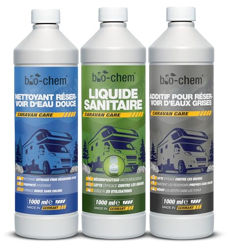 bio-chem Camping Hygiene Zusätze Set 3-teilig | Mit Sanitärflüssigkeit 1L, Frischwassertank-Reiniger 1L und Grauwassertank-Zusatz 1L | Campingtoiletten-Zusätze