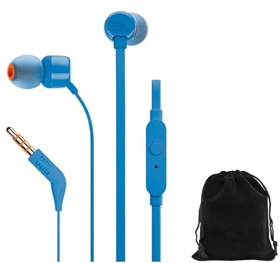 JBL Tune T160, in-Ear Headphones, Pure Bass Sound, 1-Button Remote with Microphone, Tangle-Free Flat Cable, Blue, Includes Carrying Pouch, JBLTUNET160-Pouch