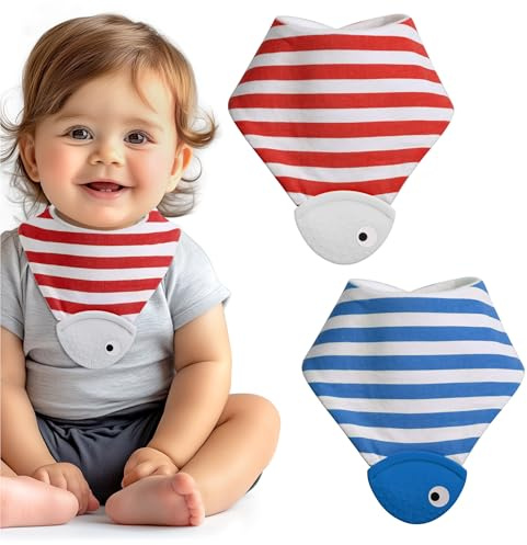 Navaris Baby Bibs with Teether - Soft, Colourful Bandana Bib Set with Teething Corner - For Babies 0-6 Months and 6-12 Months - Set of 2
