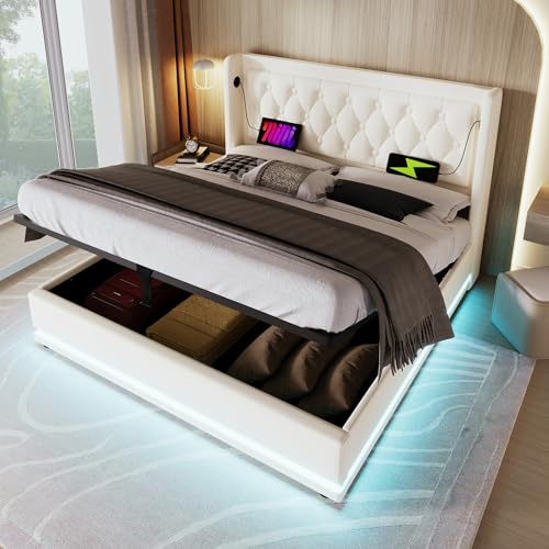 Lexiou Polsterbett Doppelbett 180x200 cm, Hydraulisches Stauraumbett, gepolstertes Kopfteil mit USB Typ-C Ladefunktion, 3-seitige LED-Funktion(Ohne Matratze) (PU, Weiß)