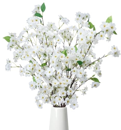 Luabue 4PCS Künstliche Kirschblüten Deko 35'' Lange Stiele Kirschblütenzweige Weiß Seidenblumen Sakura Deko Kunstblumen für Balkon Garten Büro Vase Hochzeit Dekoration Frühlingsdeko