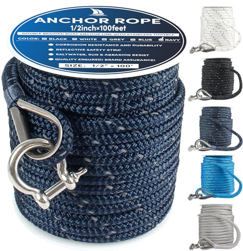 VEITHI Anchor Rope 100 ft x 1/2 inch Navy Blue, Double Braided Anchor Line with Stainless Steel Thimble & Shackle, Boat Rope with Reflective Strip Ideal for Towing,Mooring,Anchoring,for Boat Up to 35'
