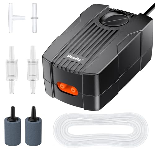Pawfly Aquarium Air Pump 70 GPH Fish Tank Oxygen Pump for 60-120 Gallon Fish Tanks Buckets Dual Outlet Adjustable Ultra Quiet Aerator Pump with Airline Tubing Air Stones Connectors and Check Valves