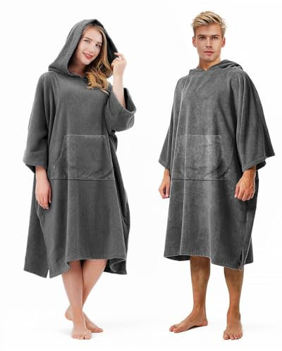 Changing Bath Robe, Quick Dry Towel Poncho Adult with Hooded, Comfort Towelling Bath Robes for Women, Wearable Towelling Poncho with Large Pocket, Changing Robe for Beach Swim Surf Men Women Grey