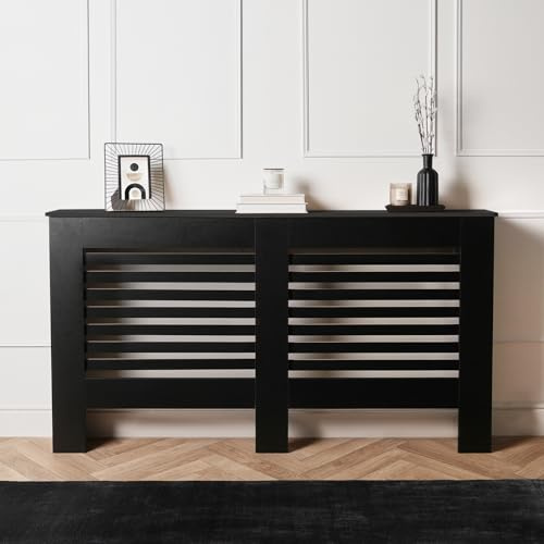 OHS Large Radiator Heating Furniture Cover, Stylish Wooden Frame Slatted Design Decorative Top Shelf Radiator Cover MDF for Living Room Bedroom Hallway, Black