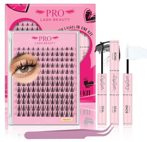 DIY Wimpernverlängerung Kit, individuelle Wimpern Kit mit 144 Pcs Cluster Bindung und Siegel, Wimpern Applikator (Natural02-D-8-16mix)