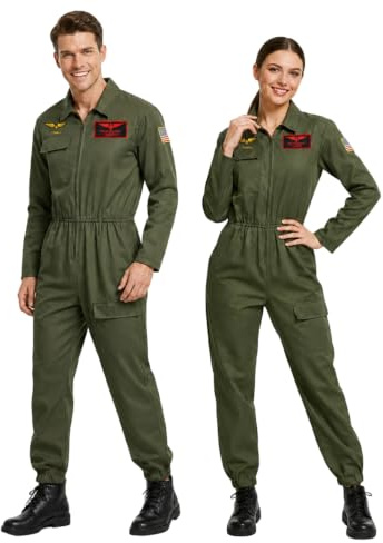 Joyincoser Costume da pilota, da donna, da uomo, da combattimento, pilota, verde militare, abbigliamento militare, cosplay, per adulti, carnevale, Halloween, feste (S)