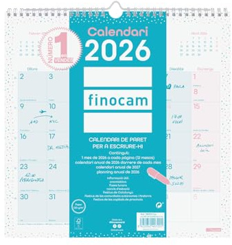 Finocam - Väggkalender 2026 månadsvy januari – december 2026 (12 månader) | Kalender för anteckning 2026 | ChicTurquesa månadsplanerare – katalanska
