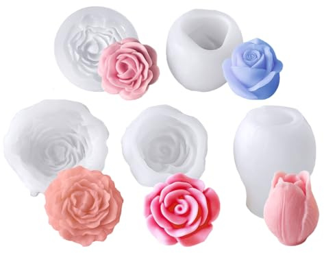 Abiyou Molde Silicona Velas Flor, 5 Piezas Molde de Silicona de Flores, Molde de Silicona para Velas, Flor Silicona Vela Moldes, 3D Molde de Silicona para Flores, para Velas, Jabón