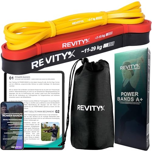 Revity Widerstandsbänder Krafttraining, Fitnessbänder 3er Set, Tragetasche | Trainingsanleitung als PDF, Klimmzug Bänder aus 100% Naturlatex, Reißfest und Langlebig für Training