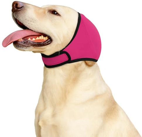 AkoSlale Dog Headband & Snood for Anxiety Relief, Calming Ear Wrap for Ear Hematoma Protection, Noise Cancelling Pet Hat for Grooming, Drying, Bathing & Fireworks (Rose Red, Size M)