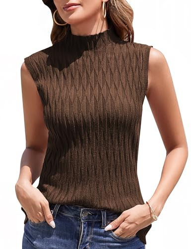 Aottori Débardeurs Femme Pull Col Montant sans Manches Élégant Chic Haut Basique Sexy Couleur Unie Tank Tops Hiver Automne Printemps Marron M