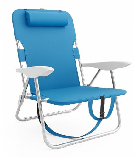 TIENDA EURASIA – Silla Playa Plegable | 61x28x85.5 cm | Azul Turquesa | Reclinable 4 Posiciones | Aluminio y Textileno | Transporte Tipo Mochila | Cojín Reposacabezas | 2 Bolsas con Cremallera