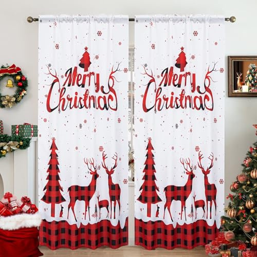 Karseteli Christmas Curtains for Living Room, Tartan Striped Xmas Deer Curtain, Rod Pocket Top Window Drapes Decorations for Bedroom and Home Decor, 2 Panels Red 52W x 63L