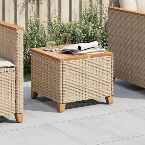 HaoChrymec Gartentisch mit PE-Rattan und Akazienholz, Pulverbeschichteter Stahlrahmen, UV-beständig, Balkon Tisch, Beistelltisch Outdoor, Loungetisch Garten, Beige, 45 x 45 x 37 cm