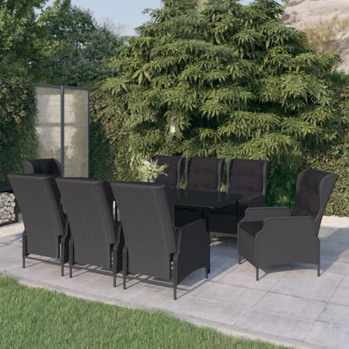 QJBSAVVA 9tlg Garten-Set Stahl-Glas-Tisch 200×100 cm, PE-Rattan-Sessel mit Liege, dunkelgrau, Balkon/Terrasse/Camping