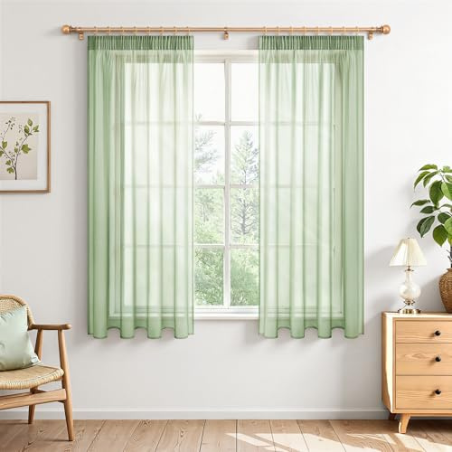 MRTREES Gardinen mit Kräuselband Stores Gardinen Salbeigrün kurz transparent 145X140cm (HXB) Schlaufenschals 2er Set Vorhänge in Leinenoptik für Wohnzimmer Schlafzimmer Mädchen Jugend Curtains