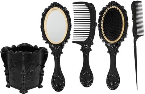 Juego de tocador vintage: espejo de mano, cepillo para desenredar el cabello, peine de dientes anchos, peine de cola de rata y soporte para tocador o mostrador de baño para niñas.