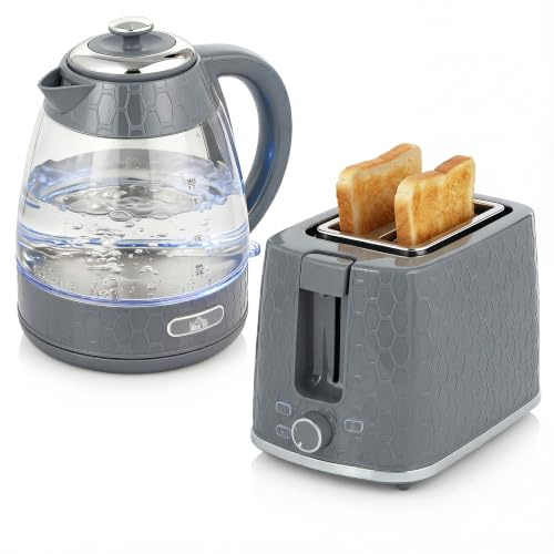 HOMCOM Kettle and Toaster Set 1.7L 3000W Jug Kettle 2 Slice Toaster Grey | Rapid Boil, Strix Thermostat, Limescale Filter, 7 Browning Controls, Crumb Tray