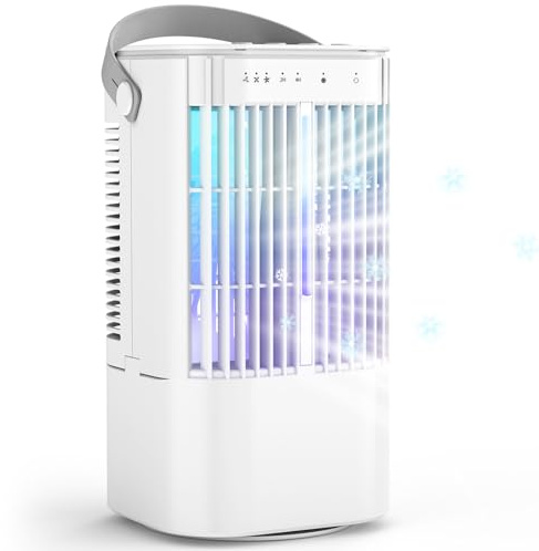 Aire Acondicionado Portátil, Mini Enfriador de Aire USB 4 en 1 con Tanque 900ml,3 Velocidades,Luz Nocturna de 7 Colores, Temporizador,Ventilador de Mesa,Mini Aire Acondicionado para Oficina,Habitación