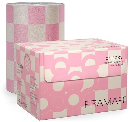 FRAMAR Papel Mechas Peluqueria - Papel Aluminio Peluqueria, Láminas para el Cabello Largo con Textura en Relieve Antideslizante para Estilistas de Cabello – Cuadros Rosados - 97,5 metros